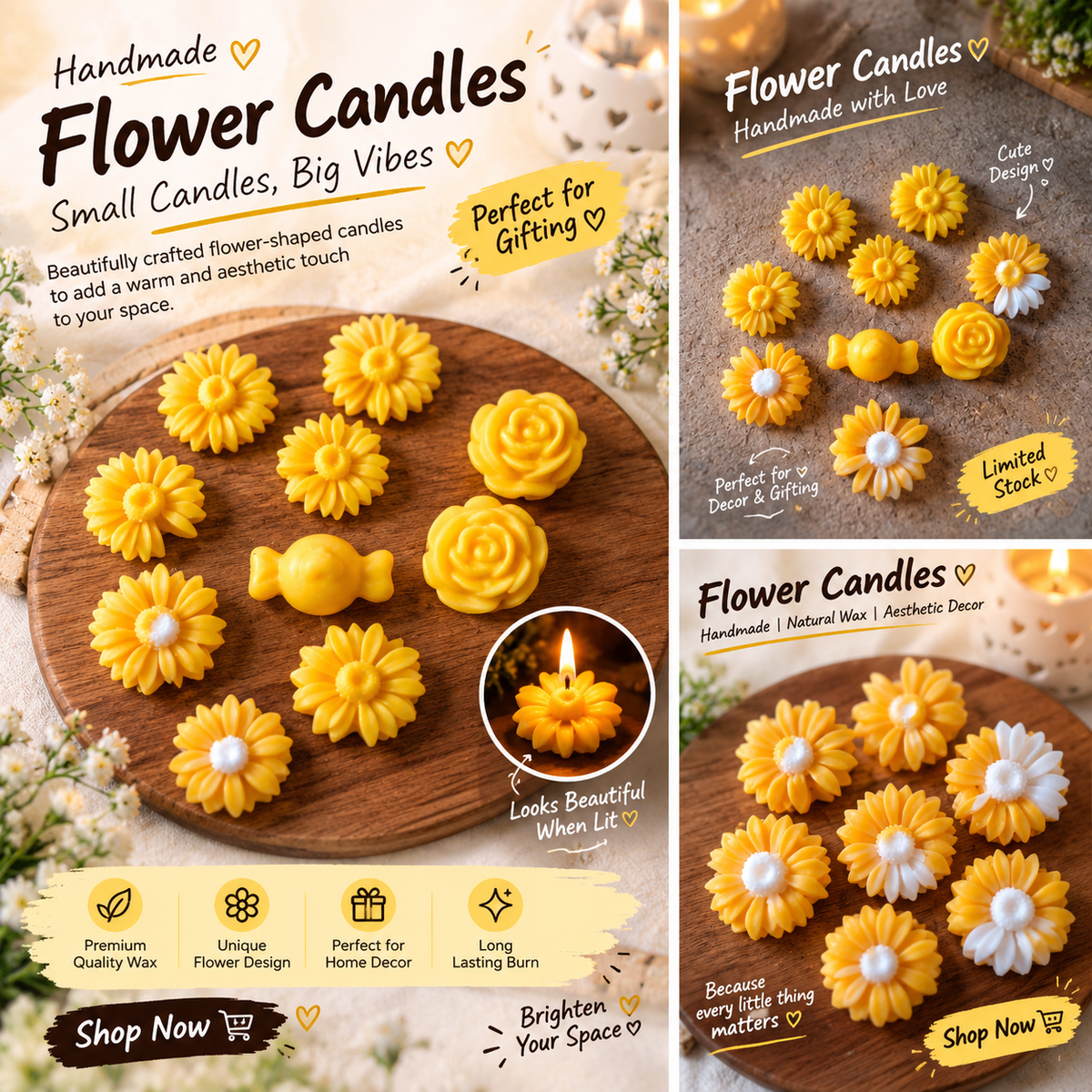 🌼 Handmade Flower Shaped Candles – Aesthetic Decor & Gifting Set of 12 Candles.