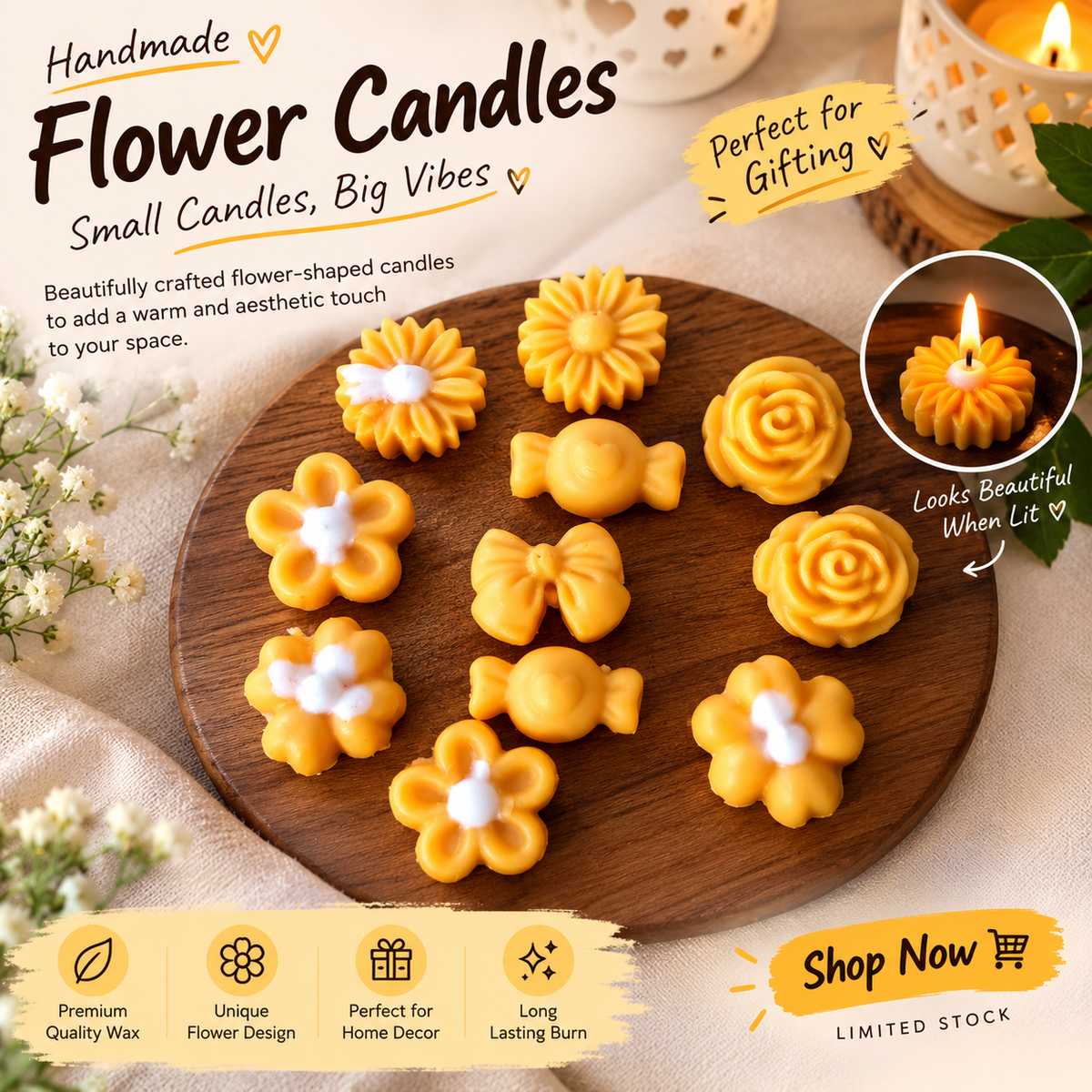 🌼 Handmade Flower Shaped Candles – Aesthetic Decor & Gifting Set of 12 Candles.
